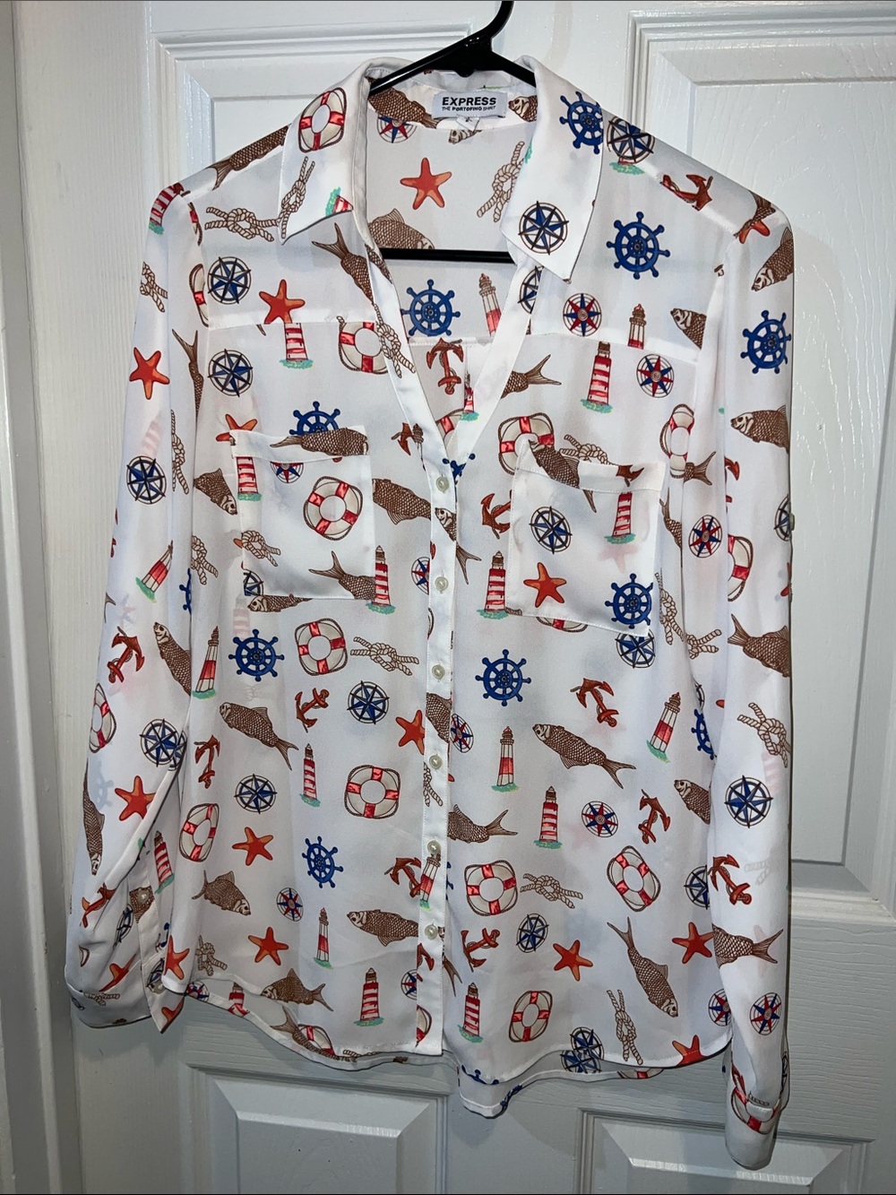Express White Nautical Print Button-Up Shirt with Red & Blue Accents